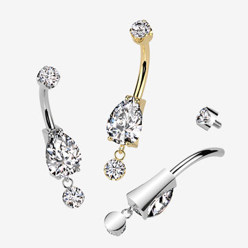 Detail View 1 of Implant Grade Titanium Golden Teardrop Sparkle Dangle Internally Threaded Belly Button Ring-Clear Gem